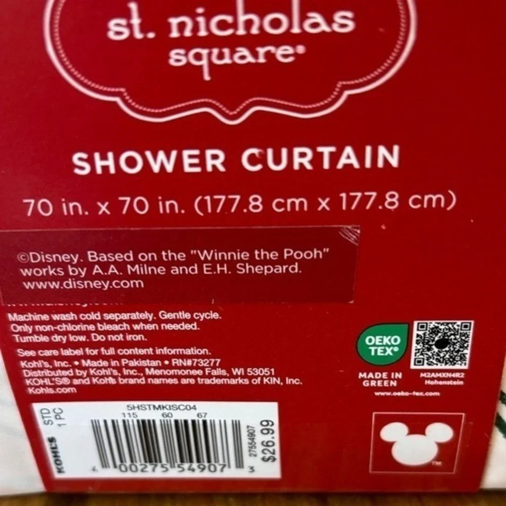 Disney Winnie the Pooh Holiday Fabric Shower Curtain Cream & Red Christmas 70